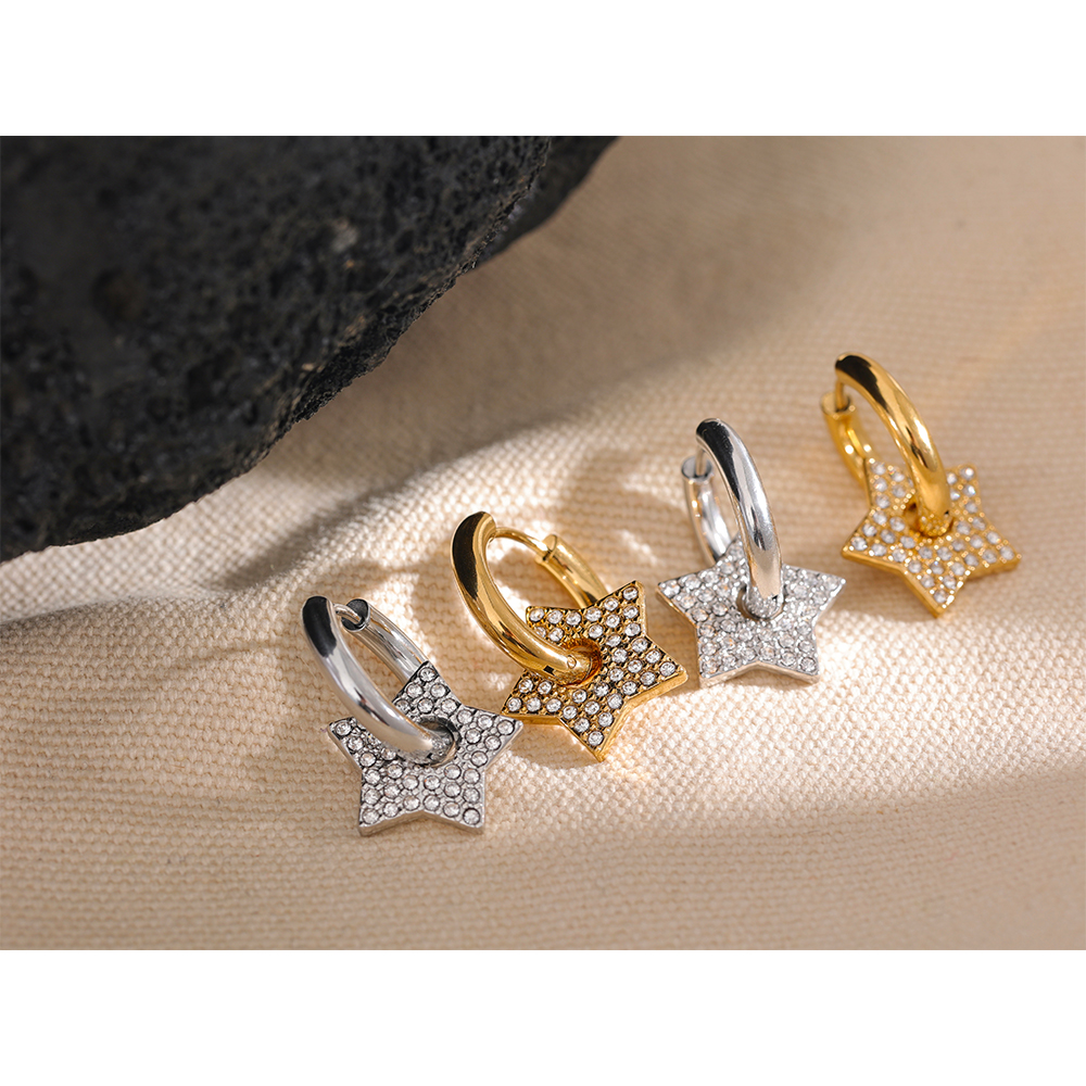 JINYOU 777 Fashion Star Drop Stainless Steel CZ Hoop Earrings