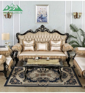 Sofá de Madera de Diseño Clásico Antiguo al por Mayor, Sofá Tapizado con Botones de Cuero Champán para Villa - Product Image 2