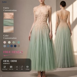 Vestido midi <span class=keywords><strong>de</strong></span> verano para <span class=keywords><strong>mujer</strong></span>, verde, semiformal, <span class=keywords><strong>de</strong></span> poliéster, con malla degradada, tul, apliques florales bordados, tirantes finos, corte en A. - Product Image 1