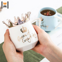 Tasse à café professionnelle style nordique en céramique, couvert, avec couronne, plaqué or, pour couple