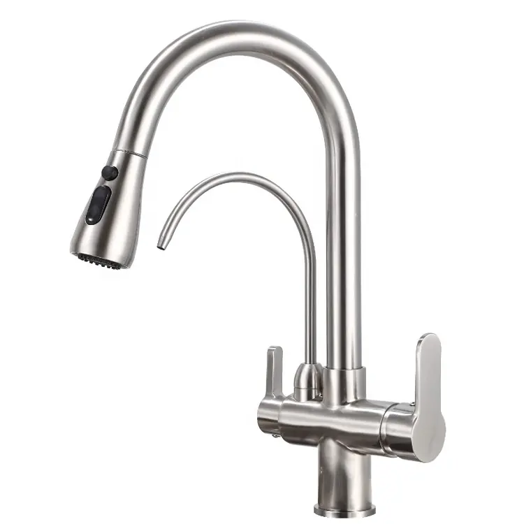 Kitchen Sink Faucet with Pull Down Sprayer 2 Handle 3 in 1 Water Filter Purifier Kitchen Faucet