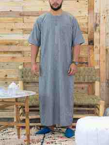 <b>Men's</b> Light Gray Short Sleeve Embroidered <b>Thobe</b> Linen Floor Length Casual Daily Wear our fabric - Product Image 3