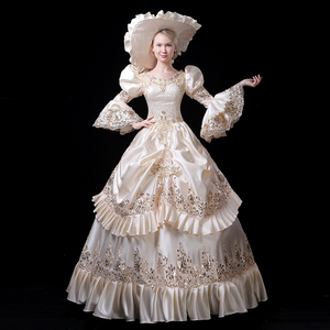 Abito Medievale del XVIII Secolo per <span class=keywords><strong>Donna</strong></span>, Vestito da Ballo a Vita Alta con Maniche a Campana, <span class=keywords><strong>Costume</strong></span> Rinascimentale da Principessa in Raso con Inserti in Pizzo - Product Image 1