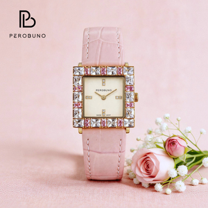 Reloj Elegante para Mujer PeroBuno, Esfera con Incrustaciones de Topacio, Correa de Cuero, Azul y Rosa, <span class=keywords><strong>Serie</strong></span> Cubo de Azúcar - Product Image 1