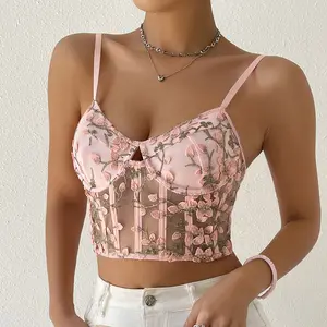 Hot Girl Flower Embroidery Under-wired Corset Top Mesh See-through Tube Top Fish Bone Corset Tops for Women Sexy