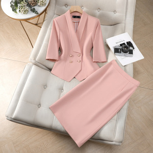 Women's Green Suit Set Three Quarter Sleeve Midi Skirt Elegant Business Leisure Satin Two Piece Outfit - Product Image 2