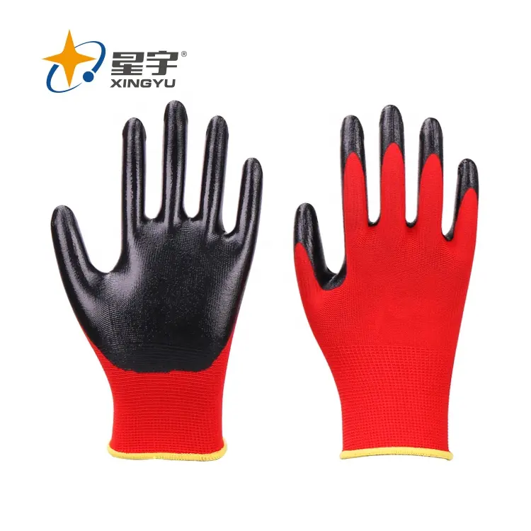 Xingyu Cheap Nitrile Gloves Red Polyester Shell Nitrile Coated Work Gloves
