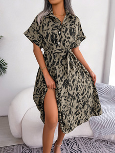 Abito da donna 2026 nuovo stile europeo a maniche corte, casual, ampio, con stampa leopardata e bottoni, con laccetti - Product Image 4