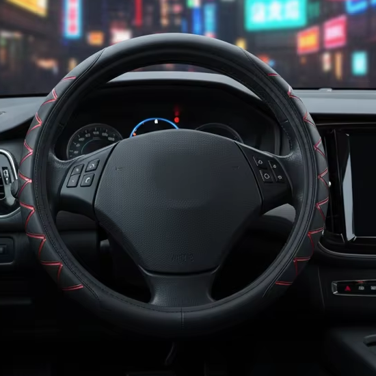 3D Inlay Red Foil Universal Steering Wheel Cover Recessed Metallic Pattern Debossed Pu Leather Smooth Non Scratchy Grip Unique