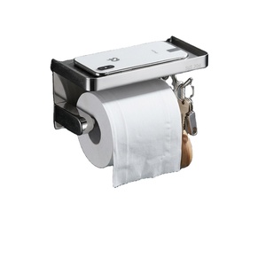 Porte-papier toilette mural en acier inoxydable 304 avec étagère pour téléphone et crochets latéraux, accessoire de salle de bain moderne et minimaliste - Product Image 1