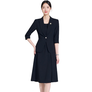 Women's Suit Set Blazer Dress Midi Length Three Quarter Sleeve Polyester Crepe Anti-Wrinkle Formal <b>Work</b> Wear - Product Image 5