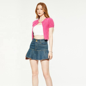 Elegante maglione Cardigan a maniche corte da donna in due pezzi e gonna Blue Jeans plissettata <span class=keywords><strong>sopra</strong></span> il ginocchio per l'autunno - Product Image 2