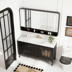 Meuble-lavabo de salle de bain 48-92 pouces avec lavabo simple/double, meuble-lavabo autoportant rétro français avec miroir intelligent anti-buée/miroir-étagère - Product Image 4