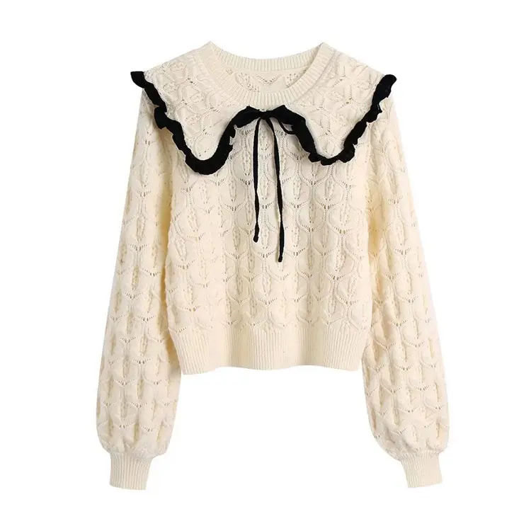 2022 fashion Beige color lace up peter pan collar long sleeve women knit eyelet sweater pullover