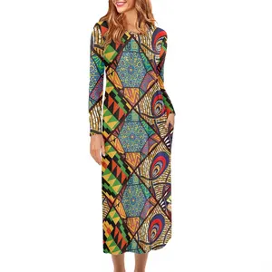 Gaun Maxi Cetak Bunga Kostum Tradisional Afrika Gaun Lengan Panjang Pola Tekstil Gaun Kasual Elegan Cetak Sesuai Permintaan