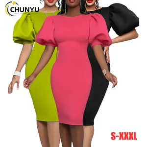 Women's Casual Solid Crew Neck Pullover Robe Fashion Elegant Puff Sleeve Office Bodycon Party Pencil Midi Dress