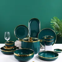 Sets Set Oriental Fancy Luxury Green Gold Trim Glossy Ceramic Tableware Sets Restaurants Dishes Plates Set Dinnerware