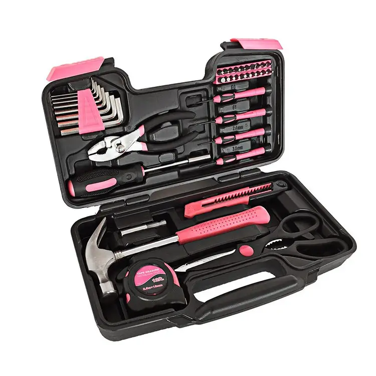 39pcs All Purpose Household Pink Tool Kit for Girls, Ladies and Women - Includes All Essential Tools for Home, Garage, Office