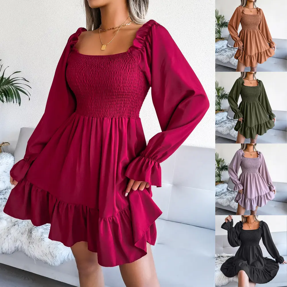 2023 autumn and winter European and American square neck flared long sleeves ruffled swing dress women's clothing