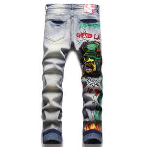Taille haute Stonewashed imprimé jean droit respirant lavable utilitaire Hip Hop High Street Style pour le printemps ODM disponible - Product Image 2