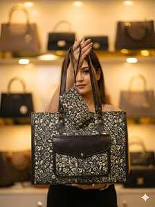 Brown Flower Pattern Canvas Tote Bag Set — 2pcs Women's Shoulder Bag with Front Pocket & Matching Pouch - Product Image 3