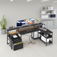 Bureau d'ordinateur modulaire en bois en forme de L, grand format, avec éclairage LED, design ergonomique d'angle, support pour moniteur et armoire de rangement Simple Century