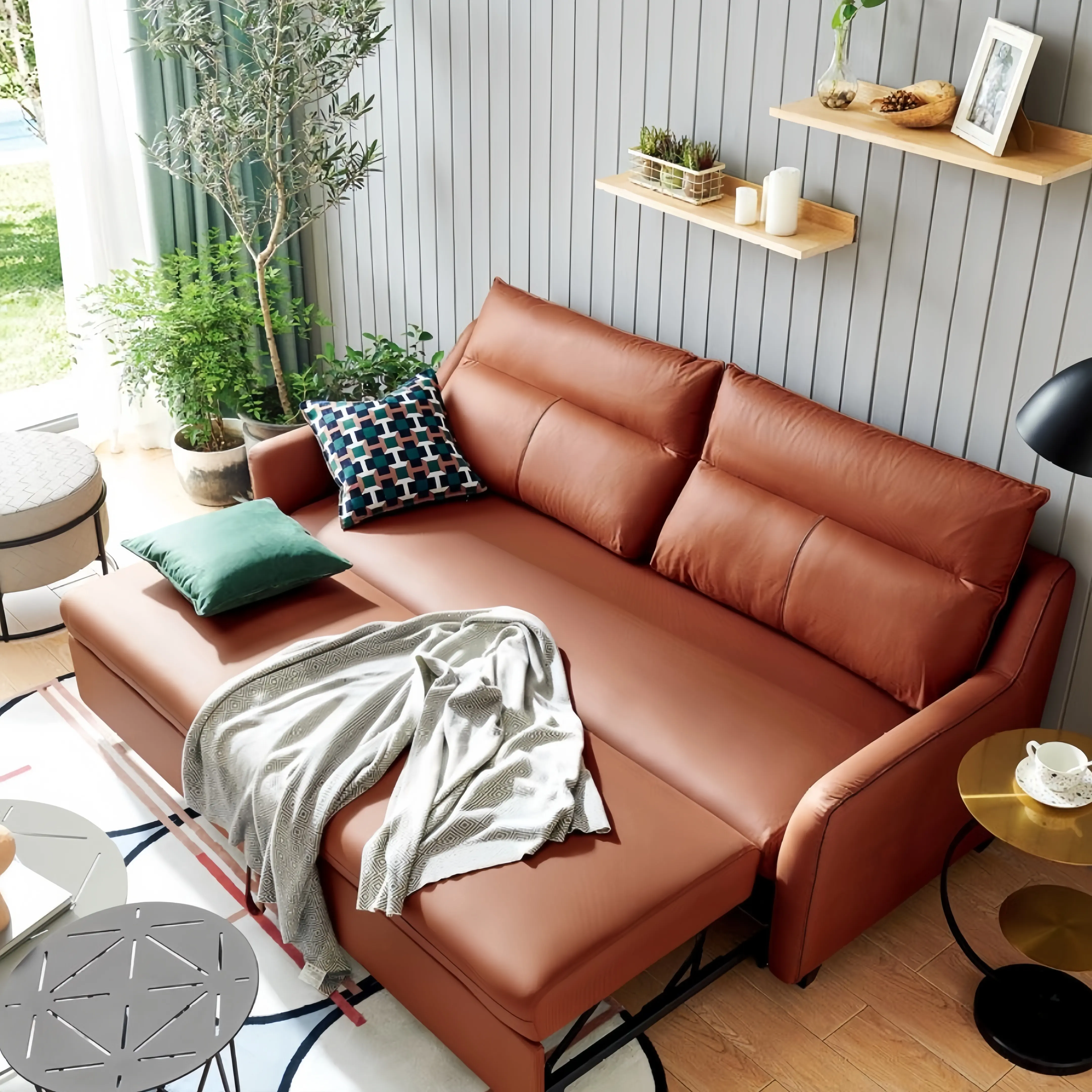 Zweisitzer wandelbares Schlafsofa mit Ablage modernes Appartment faltbarer ausziehbarer Couch Sofa-Bett für Wohnzimmer