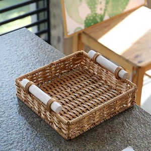 Bobai Factory plastic rattan storage basket with wooden handles napkin box fruit basket makeup storage tray