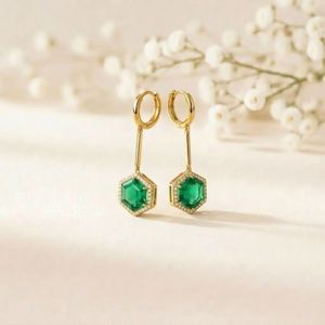 Green Emerald Faceted Gemstone <b>Earrings</b> Elegant Hexagon <b>Dangle</b> <b>Earrings</b> with Cubic Zirconia Detail Minimalist Jewelry Gift - Product Image 1