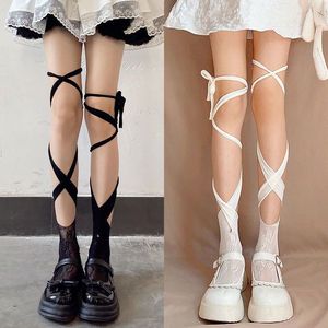 Lace Up Lolita Socks Mid Calf Split Toe Ultra Thin 0D Nylon Solid Color For Women Summer 2023 - Product Image 1
