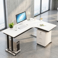 Bureau de direction moderne en forme de L, blanc, grand bureau en bois, poste de travail informatique avec tiroirs, meubles