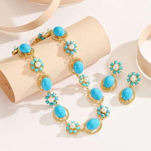 2026 Fashion Western Boho Plated True Gold Verified Flower India Wedding Necklace Turquoise Stone <strong>Pearl</strong> Jewelry <strong>Set</strong> for Women - Product Image 3