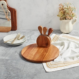 Plateau de service rond de luxe en bois d'acacia pour charcuterie, apéritifs, desserts, plateau à fromage en bois avec ensemble de couteaux - Product Image 6