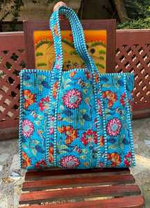 Bolsa de Mano Ecológica Acolchada de Algodón con Estampado de Bloques, Estilo de Vida Sostenible, para Compras, Viajes, Bolso de Hombro - Product Image 2