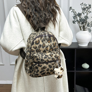 Fashionable and Versatile <b>Leopard</b> Print Plush <b>Backpack</b> Large Capacity New 2025 Lightweight Casual Bag Middle School Student Bag - Product Image 3