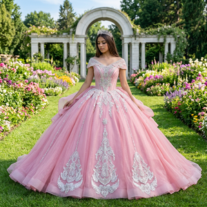 Vestido de Novia de Lujo Xs274 Rosa Brillante con Apliques de Encaje Hechos a Mano y Cola Jancember - Product Image 1
