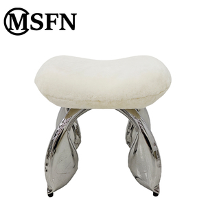 MSFN Modern Tasarım Beyaz Yün Oturma Taburesi, Parlak Paslanmaz Çelik Balon Şeklinde Taban ve Peluş Minder ile Oturma Odaları ve Oteller İçin - Product Image 2