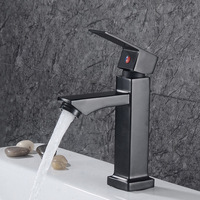 Robinet de lavabo noir mat à un seul trou, haut, carré, géométrique, avec levier supérieur