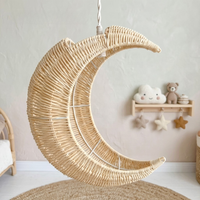 Lampu Gantung Rotan Alami Bentuk Bulan Sabit Anyaman Tangan untuk Kamar Bayi/Anak E26 E27