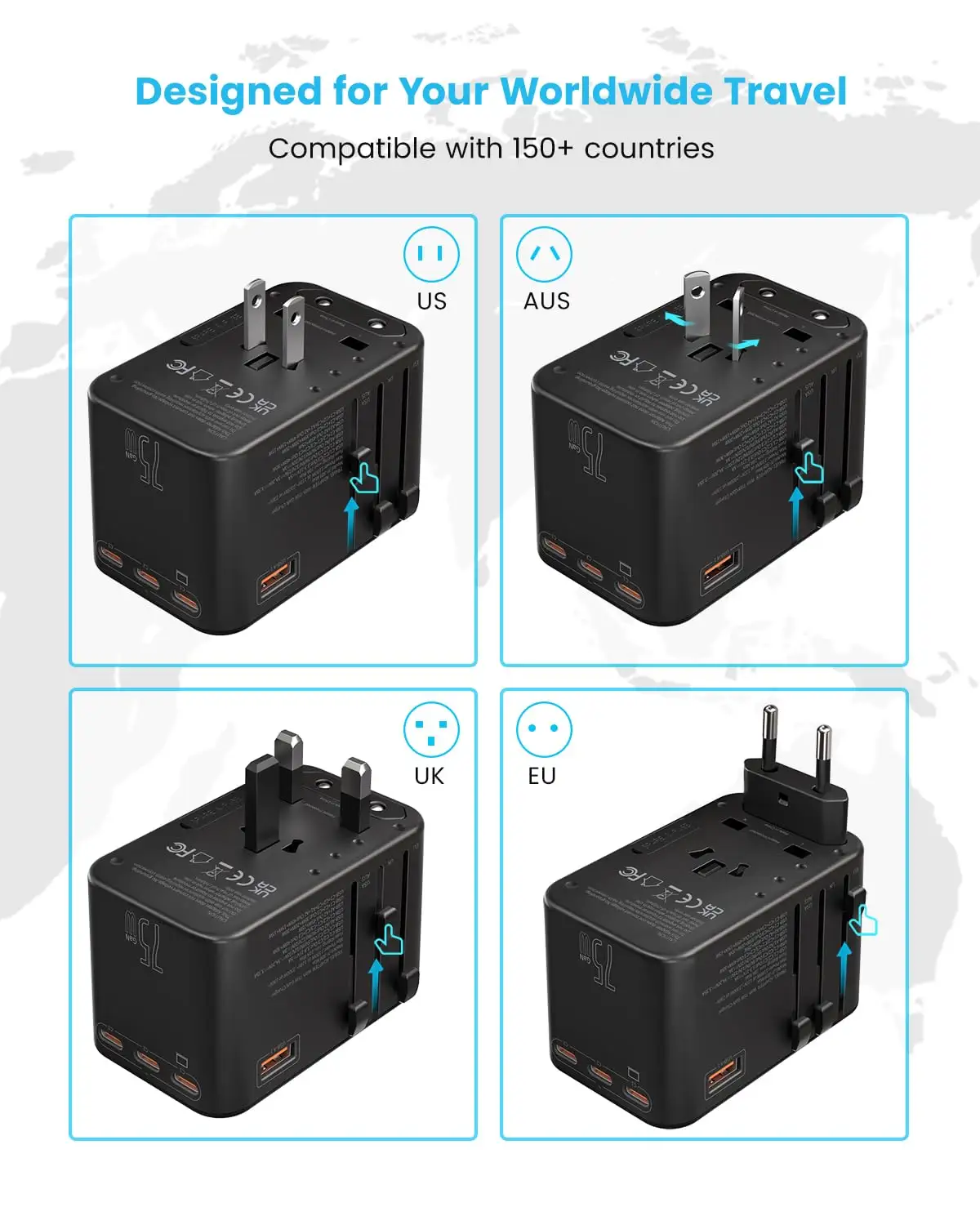 VINTAR 75W GaNインターナショナルプラグアダプター、3 USB-C PDおよび2 USB-A QC、オールインワントラベルエッセンシャル