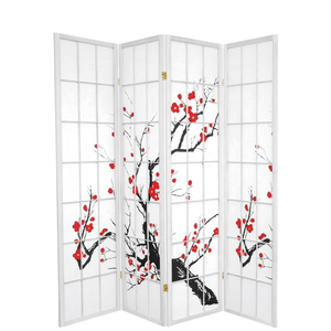 Modern White Cherry Blossom Flower Movable Folding <b>Screen</b> Room Divider 4-Fan 5-Lobe Design Non-woven Fabric Finger-Jointed Pine - Product Image 1