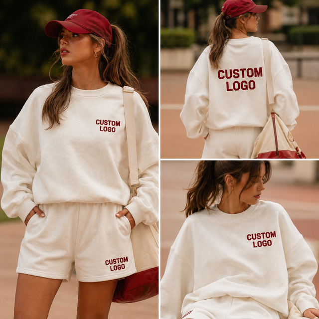 Wholesale Custom Casual Loose Solid Color Crewneck Cotton Sweatshirt and Shorts Women Sweatshirt Set