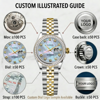 Montre pour femme de luxe avec logo personnalisé NH05, mouvement mécanique, cadran en nacre, diamants, bracelet Jubilee, verre saphir, date