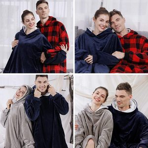 Ấm cúng mặc kẻ sọc dành cho người lớn Sherpa trùm đầu chăn Áo trùm đầu lông cừu chăn với tay áo - Product Image 4