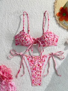 Fashion European And American Style <b>Pink</b> Floral Print Front Tie spaghetti straps Two Piece <b>Bikini</b> Women Island Beach Swimwear - Product Image 5