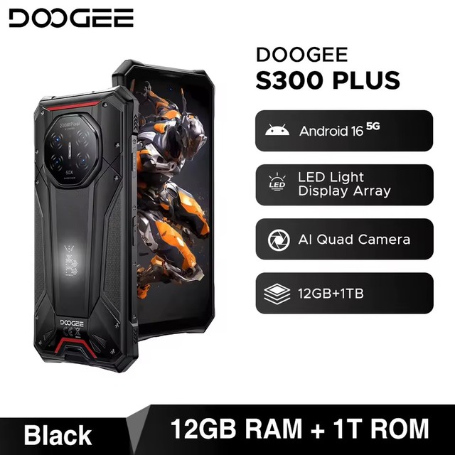 DOOGEE S300 Plus Rugged Phone 5G Android 16 Gemini AI LED Light Display Array 12GB 1TB 11000mAh 120W 6.78'' Screen Smartphone