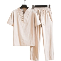 Ensemble Homme Chemise et Pantalon Élégants en Lin/Coton Uni, Respirant, Essentiel d'Été au Design Tissé, Style Décontracté