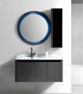Mobile Bagno Ultra Moderno in PVC Grigio con Armadietto Sospeso e Unità Laterale Verticale Salvaspazio - Product Image 1