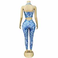 AD2686 Ensemble deux pièces sexy et élastique avec gilet et pantalon orné de strass bleus, imprimé floral, idéal pour les soirées, les spectacles et les événements estivaux