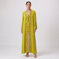 Robe Kaftan Élégante Jaune Moutarde pour Femme, Abaya Modeste à Manches Longues avec Perles Florales Dorées, Robe Longue pour Fête de l'Aïd et du Ramadan, Vente en Gros